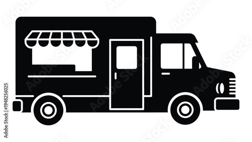 A black and white illustration of a food truck with a serving window and door