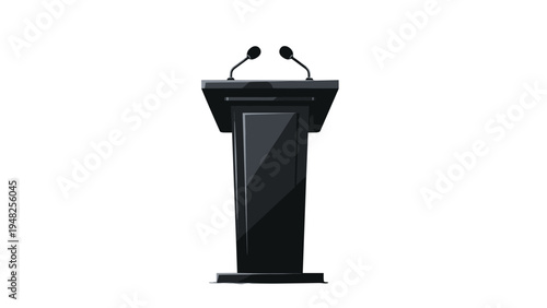 Professional black podium with two microphones standing alone on a white background ready for a speech or press conference.