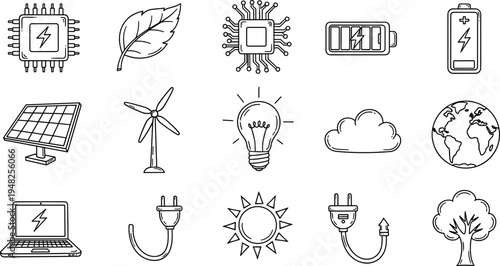 Collection of hand-drawn icons representing renewable energy and technology concepts