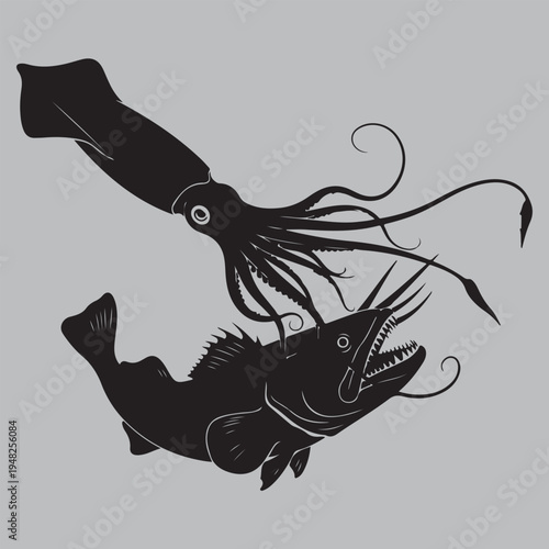 colossal squid deep abyss predator duel silhouette vector design art and illustration