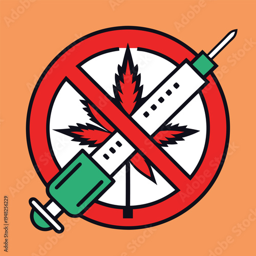 No vaccinations a syringe crossed out over a cannabis leaf symbol