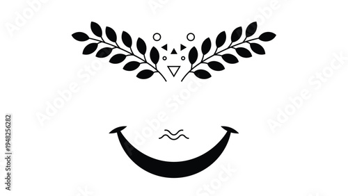 Minimalist face graphic featuring olive branches for eyebrows and a wide crescent smile with small geometric symbols above.