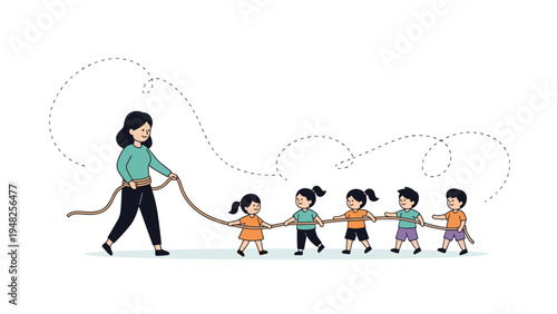 Smiling teacher leading a line of small children who are all holding onto a long rope during an outdoor walk or school trip.