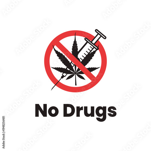 Prohibition symbol featuring a syringe crossing out a cannabis leaf