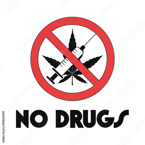 Prohibition symbol featuring a syringe and cannabis leaf with no drugs