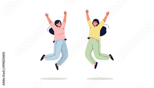 Two joyful young women jumping in the air with backpacks on their backs