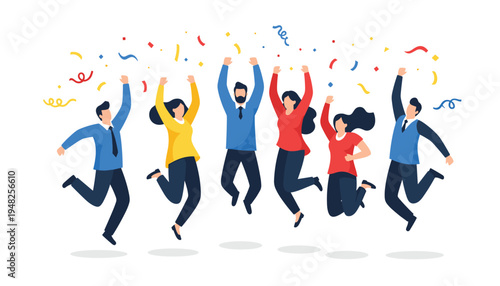 A group of business people jumping in the air with confetti