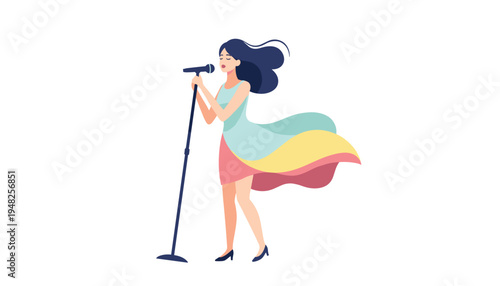Woman singing with a microphone on stage in front of a white background