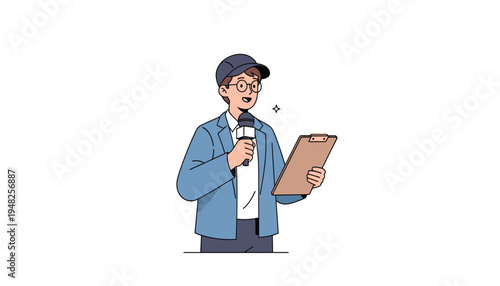 A cartoon man holding a microphone and clipboard smiling and speaking
