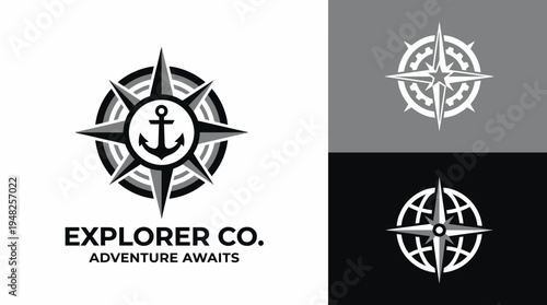 A bold logo featuring a compass and anchor, symbolizing adventure and exploration at sea. The design combines classic elements for a timeless navigation theme.