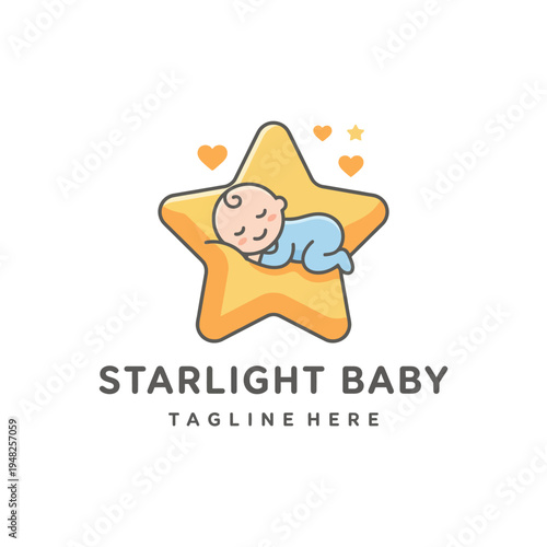 A cute baby peacefully sleeping on a star, conveying warmth and comfort. The design is tailored for a baby-related brand, emphasizing tranquility and love.