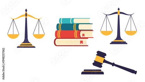 Collection of law and justice icons including scales of justice, a stack of legal books, and a wooden judge's gavel.