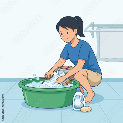 A woman diligently hand-washing clothes in a basin, highlighting the importance of personal care and traditional home chores, promotes simplicity, sustainability, and daily life routines.