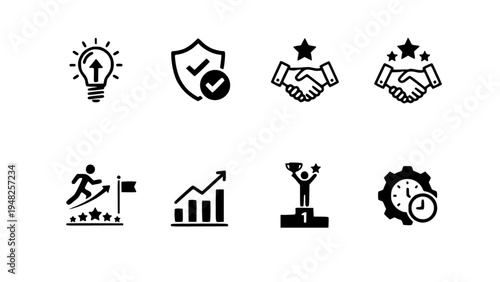 Vector icons representing business growth, teamwork, strategy, success, and leadership concepts.