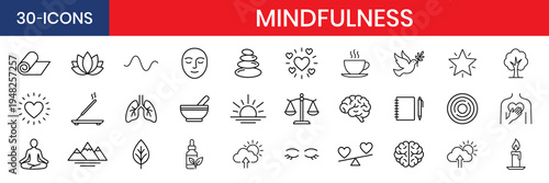 Mindfulness Thin Line Icon Set Clean Vector Meditation Yoga