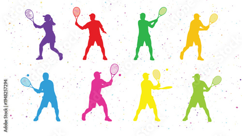 Colorful silhouettes of people playing tennis with confetti