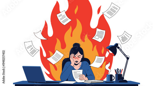 Stressed businesswoman sitting at her desk with a laptop and papers while a large fire burns in the background.