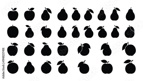 A comprehensive analysis of a visually appealing arrangement of black silhouettes of fruits, specifically apples and pears, on a clean white background