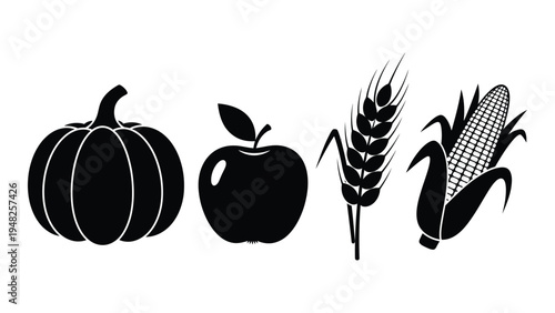 An arrangement of four iconic autumnal fruits and vegetables in a simple black and white illustration style, featuring a pumpkin, an apple, an ear of wheat, and an ear of corn.