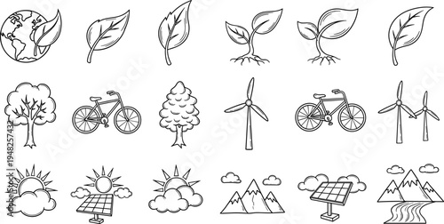 Collection of hand-drawn eco-friendly icons representing nature and sustainability
