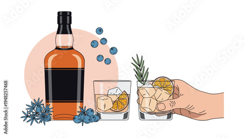 Bottle of whiskey or bourbon next to two glasses with ice and fruit garnishes including a hand reaching for one.