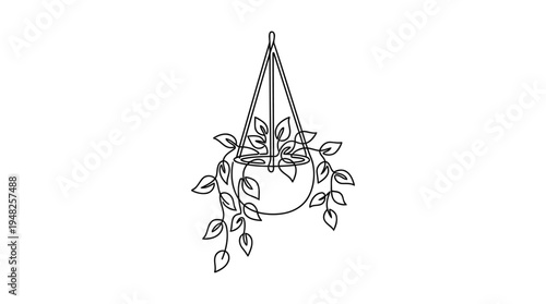Hanging Plant in Pot Continuous Single Line Minimalist Indoor Gardening Line Art Illustration