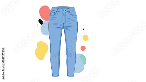 Pair of classic blue denim jeans for women shown from the front against an abstract colorful background vector.