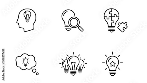 Outline icons illustrating creativity, brainstorming, innovation, and problem-solving concepts.