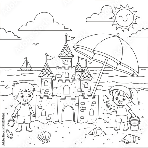 Black and white illustration of children building sandcastle isolated on transparent background