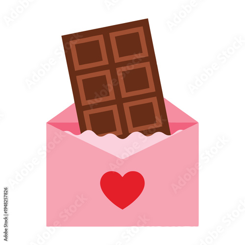 Chocolate bar in pink valentine's day envelope with red heart