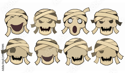 Cartoon mummy skull characters set with funny spooky expressions wrapped in bandages Halloween vector collection