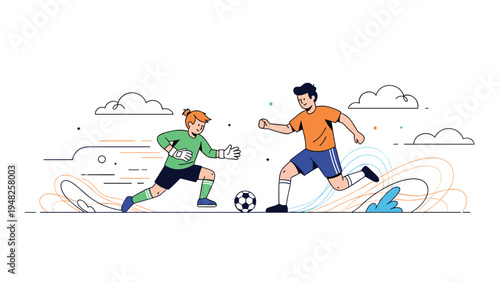 Dynamic illustration of two soccer players, a goalie and an attacker, competing for the ball during a match on the field.