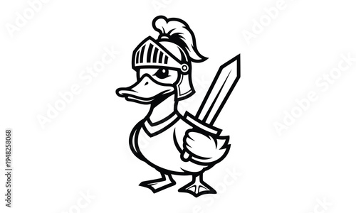 Brave duck knight character wearing armor helmet and holding sword