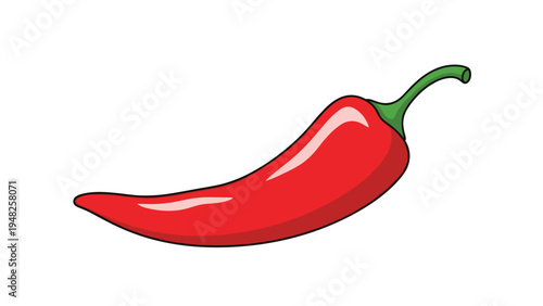 Bright red hot chili pepper with a green stem and a glossy skin shown horizontally against a clean white background.