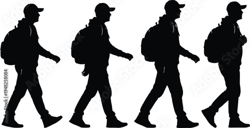 Four silhouettes of a man walking with backpack and baseball cap