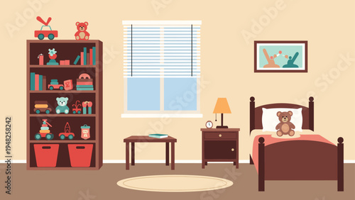 Neat children's bedroom featuring a bookshelf full of toys, a small bed with a teddy bear, and a window with blinds.