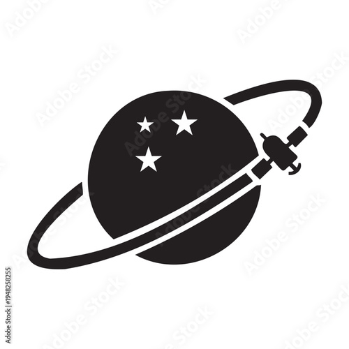 A stylized black and white illustration depicts a planet with rings and a spaceship nearby