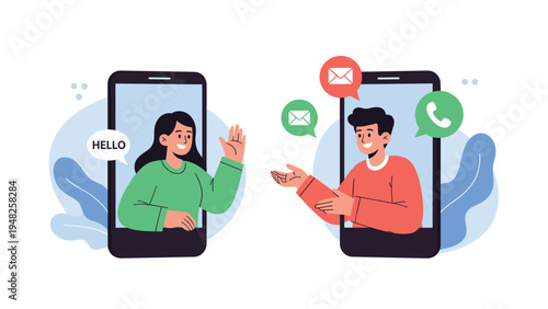 Man and woman popping out of smartphone screens while communicating with each other using messages and digital calls.