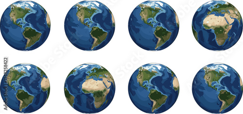Multiple rotated views of earth from space showing continents and oceans globe planet
