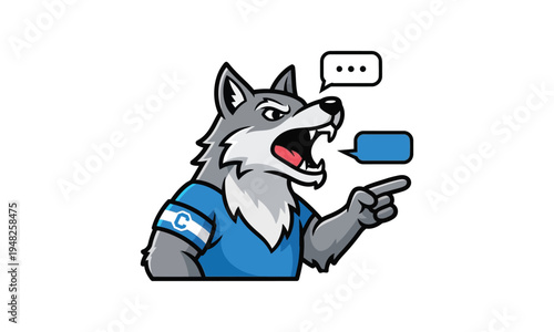 Cartoon wolf character wearing blue sports jersey yelling and pointing