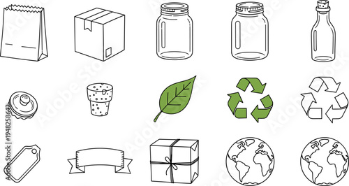 Collection of eco-friendly packaging and recycling icons for sustainable living