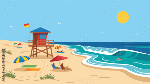 Sunny Beach Scene with Lifeguard Tower, People and Ocean Waves by a Golden Shore.