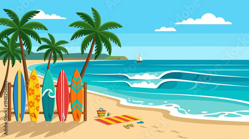 Sunny tropical beach with palm trees, colorful surfboards, and rolling ocean waves along a tranquil shoreline.
