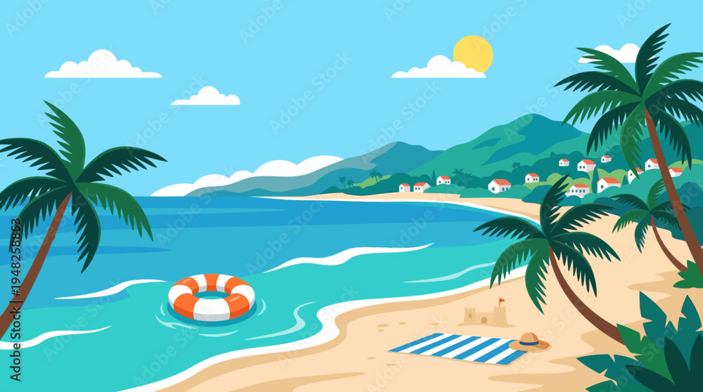 Obraz premium Sunny Tropical Beach Scene with Palm Trees and Ocean Horizon.