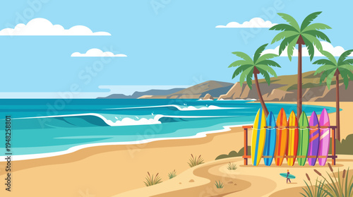 Sunny tropical beach scene with colorful surfboards lined up along a palm-lined shoreline and turquoise waves.