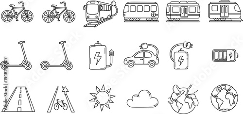 Collection of eco-friendly transportation and energy icons for sustainable living concepts