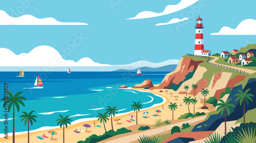 Sunny Coastal Village with Lighthouse Overlooking Ocean and Beach Scenic Landscape.
