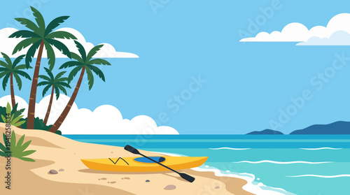 Sunny tropical beach scene with palm trees, blue ocean, and a small yellow kayak on the sandy shore.