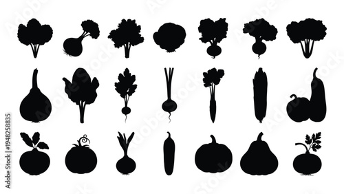 A comprehensive collection of vegetable silhouettes for design and educational purposes, featuring various types of produce