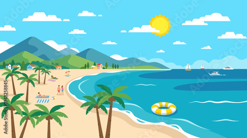 Sunny tropical beach scene with palm trees, blue ocean, sandy shore, and distant islands in a bright sky.